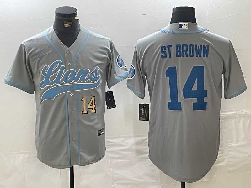 Mens Detroit Lions #14 Amon-Ra St. Brown Number Gray Cool Base Stitched Baseball Jerseys